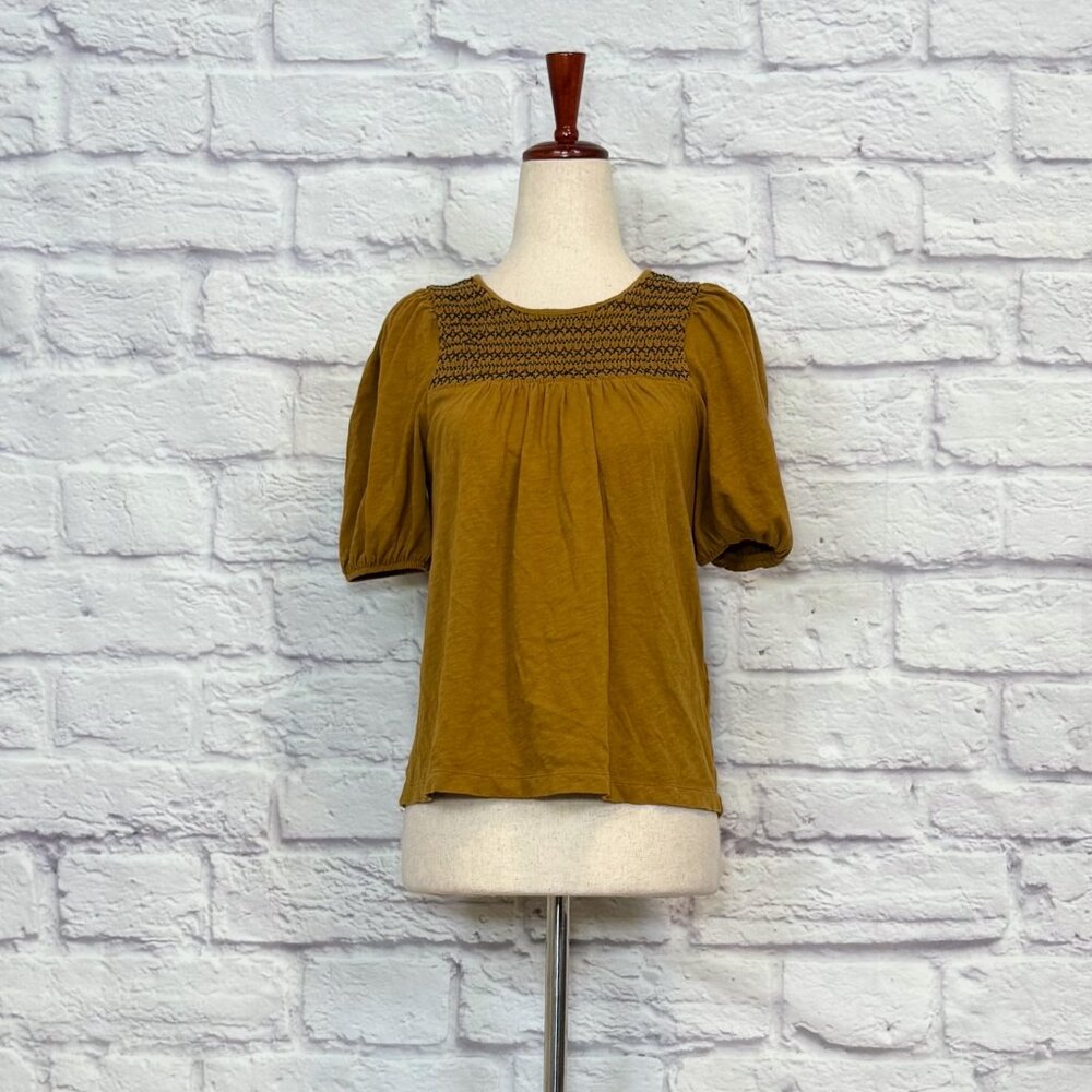 J. Crew Ochre & Navy Blue Embroidered Peasant Top